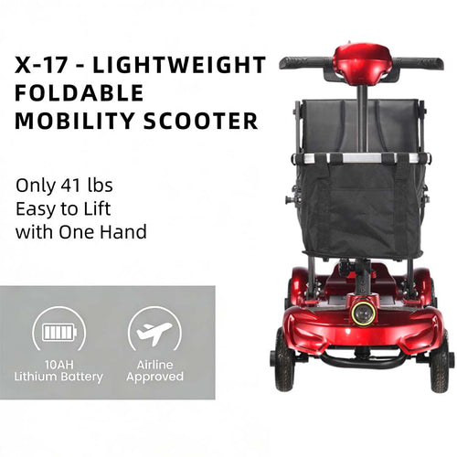 Foldscoot Compact Folding Mobility Scooter – Red (Model: X-17) Lightweight 4-Wheel Electric Scooter for Seniors & Adults | Foldable, 7.5 Miles Range, 265 LBS Weight Capacity