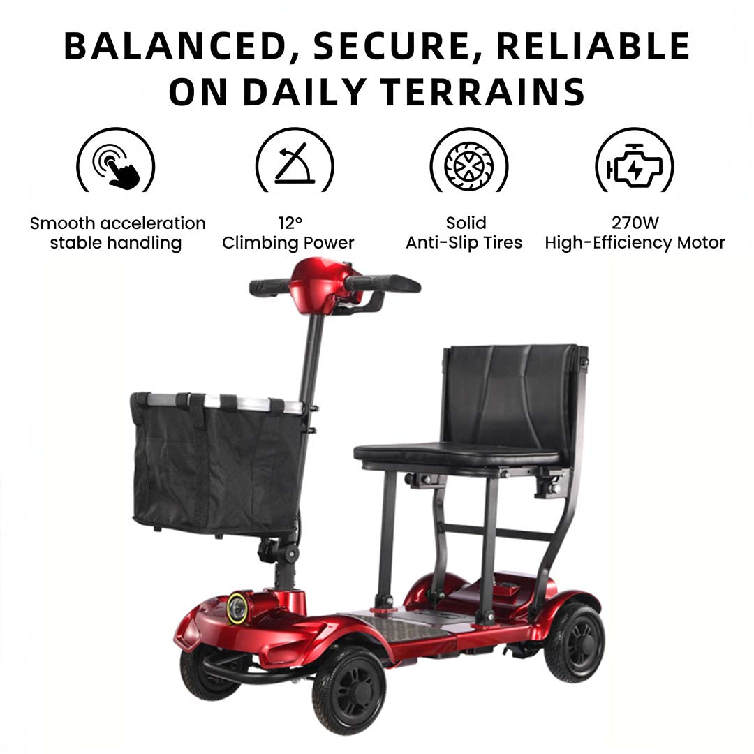 Foldscoot Compact Folding Mobility Scooter – Red (Model: X-17) Lightweight 4-Wheel Electric Scooter for Seniors & Adults | Foldable, 7.5 Miles Range, 265 LBS Weight Capacity