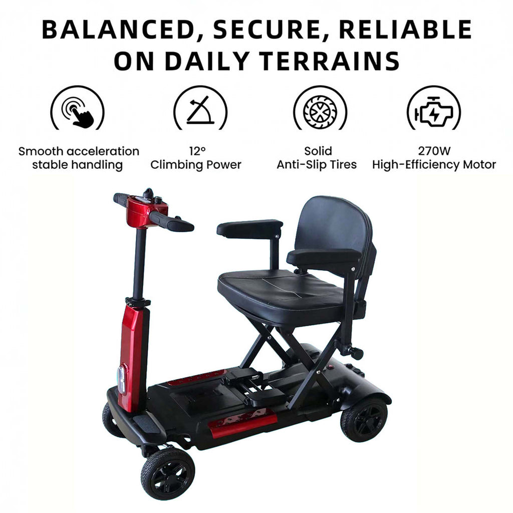 Foldscoot X-12 Auto-Fold Mobility Scooter for Seniors, Electric Foldable 4-Wheel Scooter, 7.5 Mile Range, 265 LBS Capacity, Red, Fits in Car Trunks